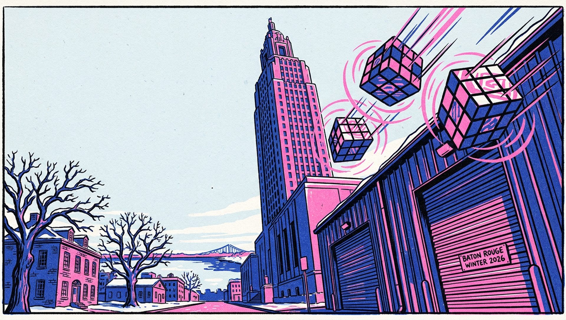 Baton Rouge Winter 2026 movie-poster style artwork — Baton Rouge, Louisiana, January 2, 2026