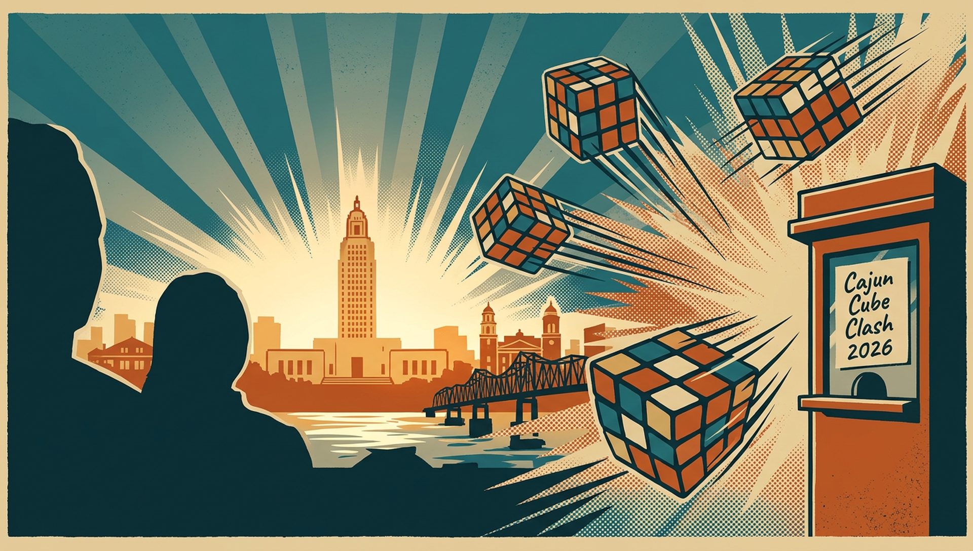Cajun Cube Clash 2026 movie-poster style artwork — Baton Rouge, Louisiana, August 29, 2026