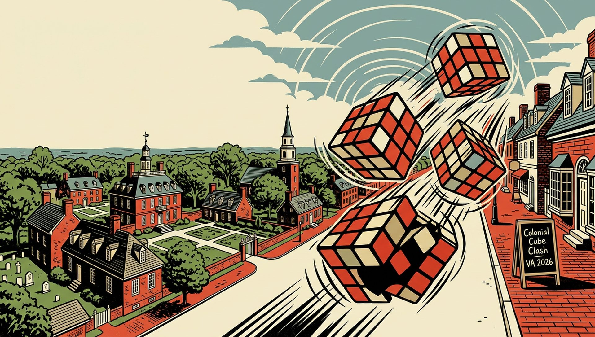 Colonial Cube Clash VA 2026 movie-poster style artwork — Williamsburg, Virginia, June 13, 2026