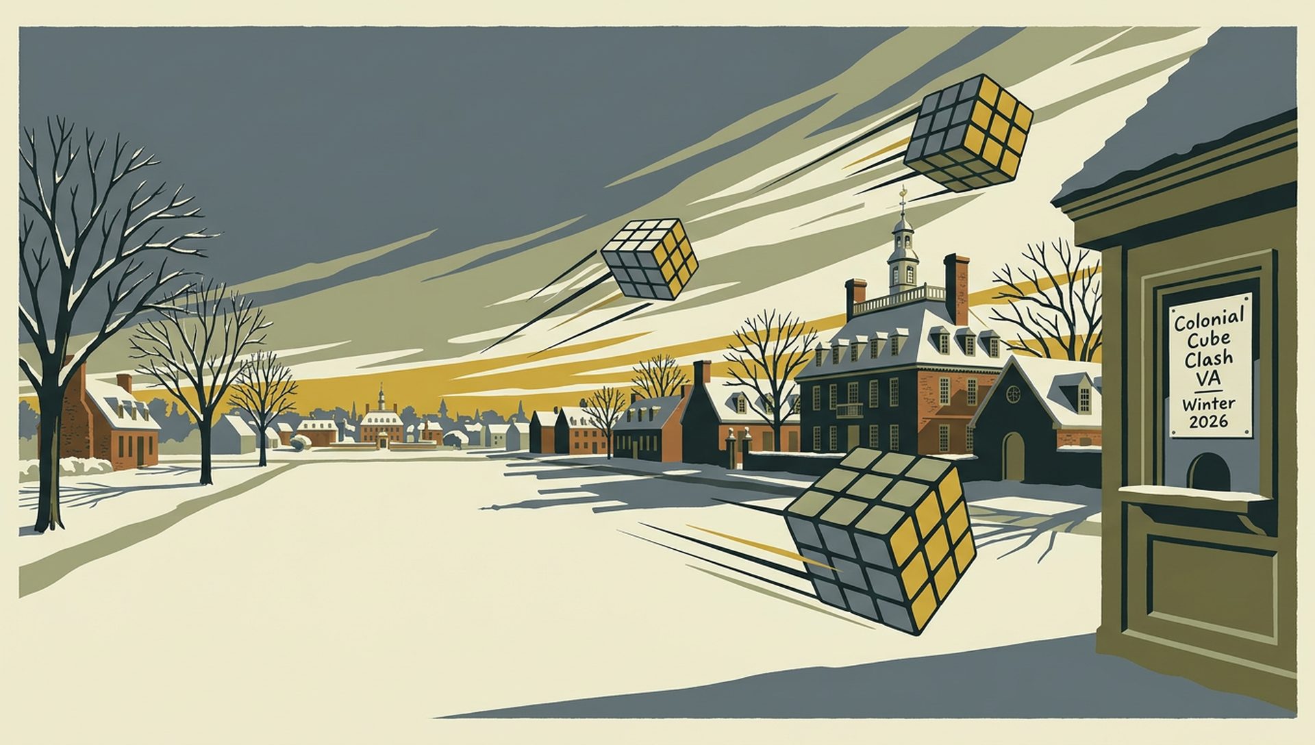 Colonial Cube Clash VA Winter 2026 movie-poster style artwork — Williamsburg, Virginia, January 24, 2026