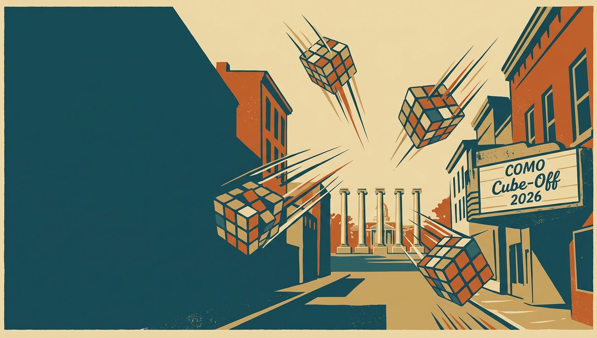 COMO Cube-Off 2026 movie-poster style artwork — Columbia, Missouri, April 18, 2026