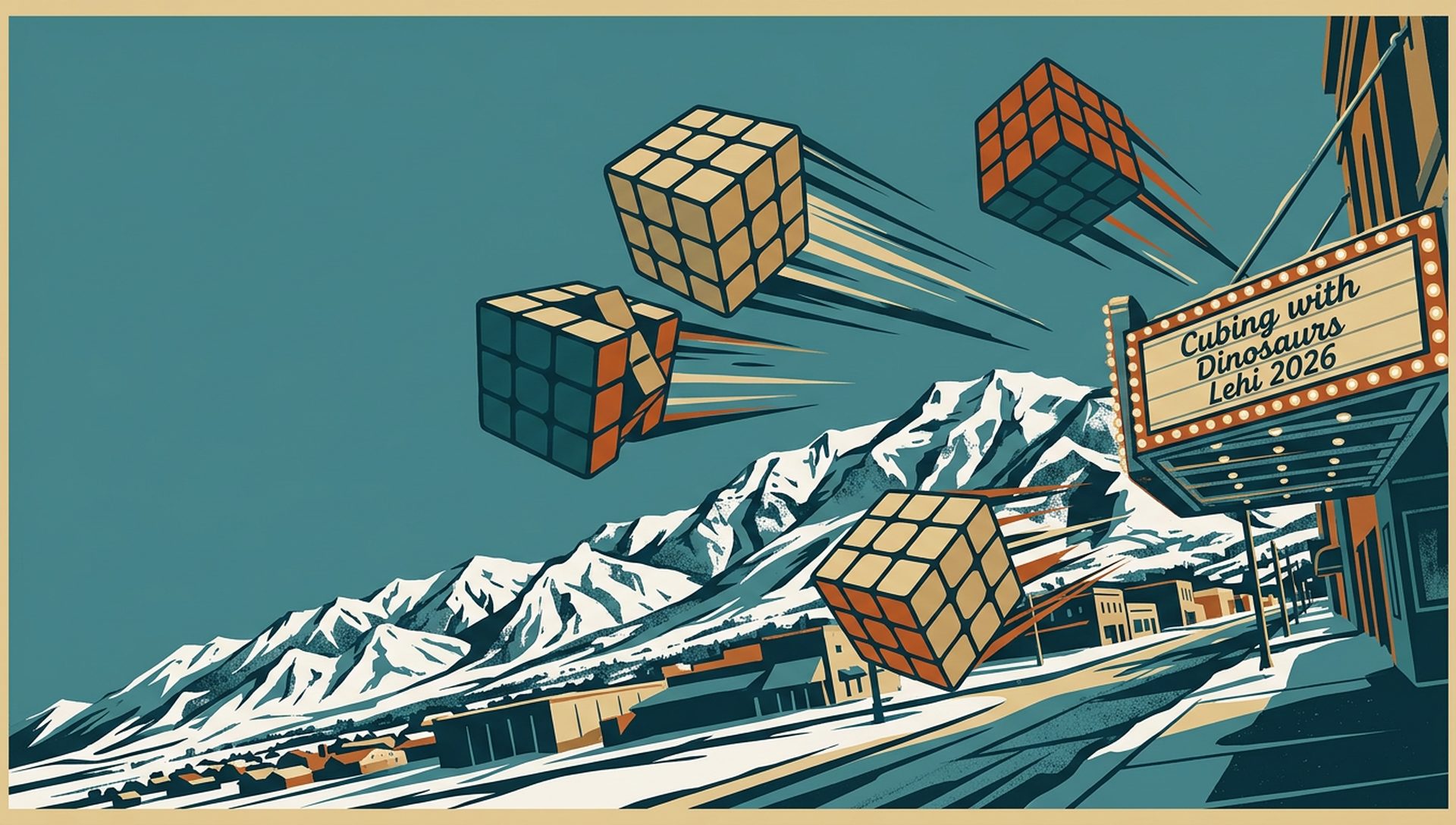 Cubing with Dinosaurs Lehi 2026 movie-poster style artwork — Lehi, Utah, February 21, 2026