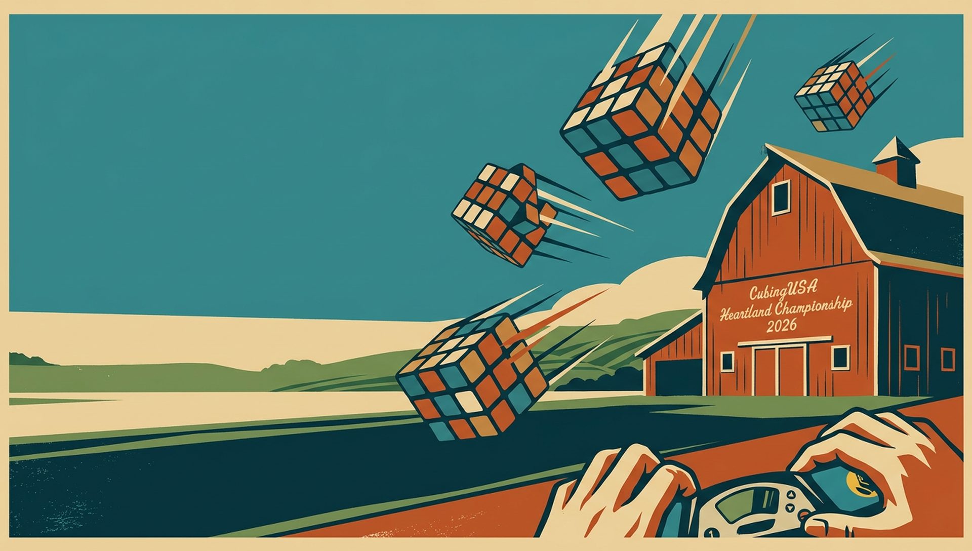 CubingUSA Heartland Championship 2026 movie-poster style artwork — West Des Moines, Iowa, May 22, 2026