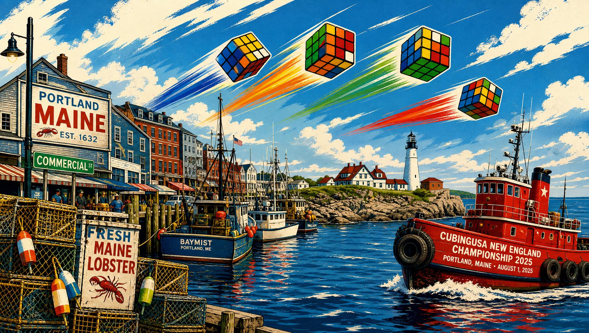 CubingUSA New England Championship 2025 movie-poster style artwork — Portland, Maine, August 1, 2025