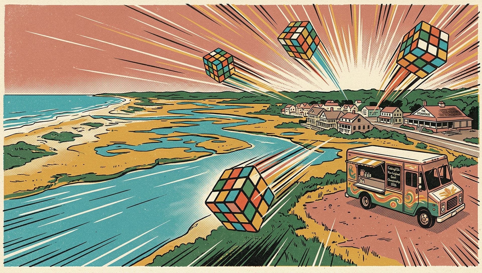 CubingUSA New England Quiet Championship 2026 movie-poster style artwork — Wells, Maine, July 18, 2026