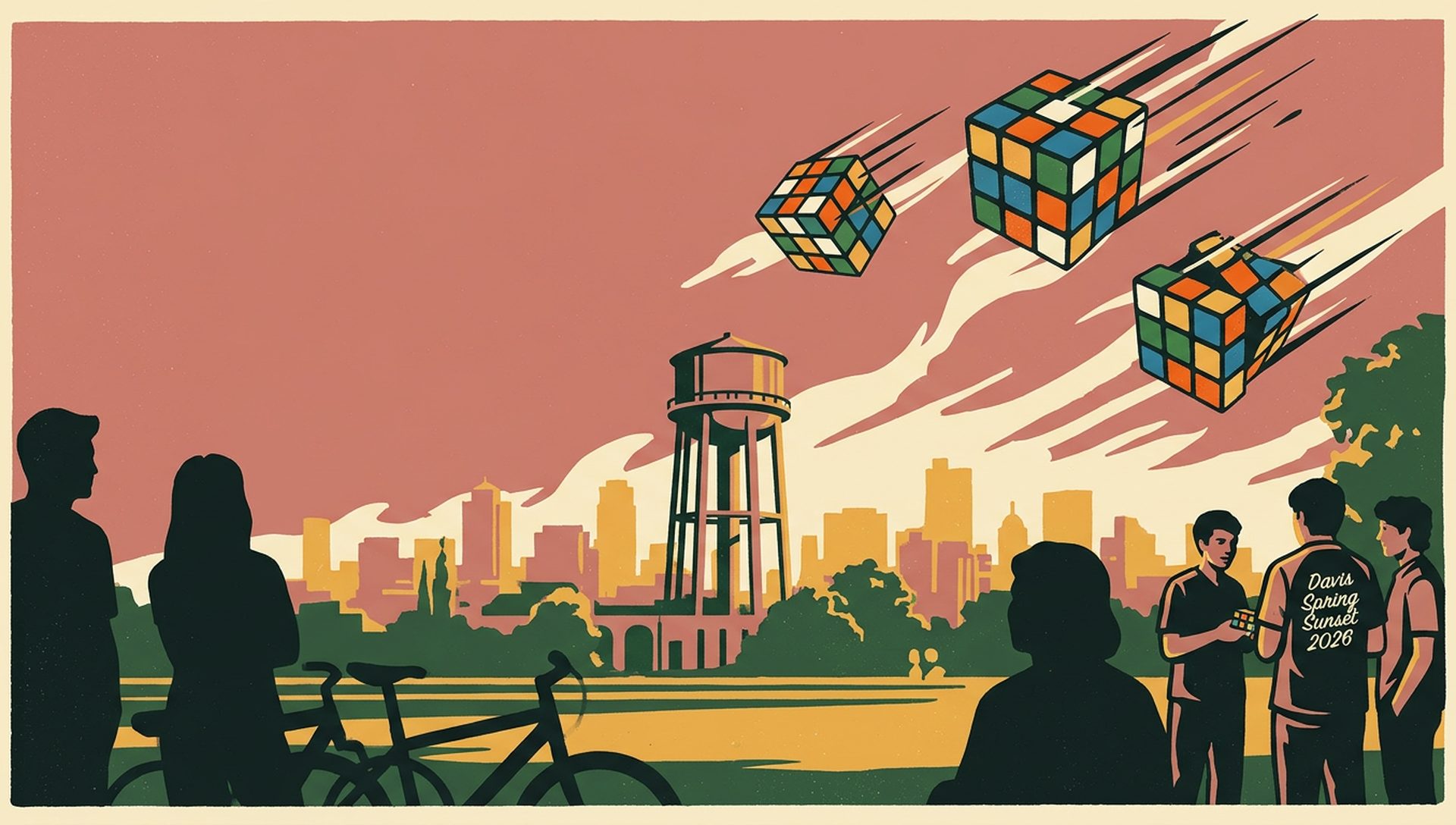 Davis Spring Sunset 2026 movie-poster style artwork — Davis, California, May 1, 2026