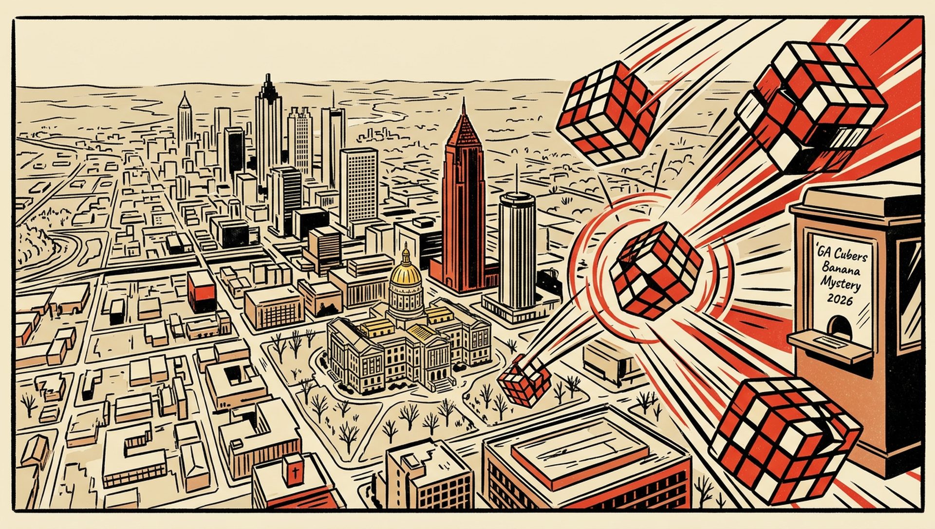 GA Cubers Banana Mystery 2026 movie-poster style artwork — Atlanta, Georgia, February 28, 2026