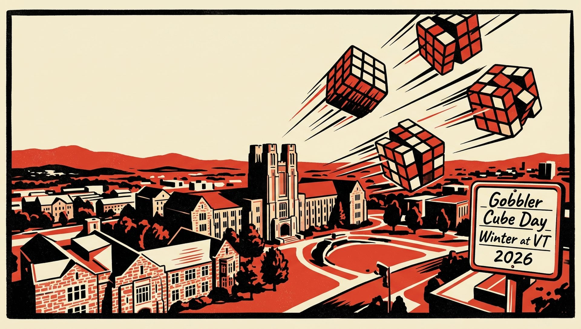 Gobbler Cube Day Winter at VT 2026 movie-poster style artwork — Blacksburg, Virginia, February 21, 2026
