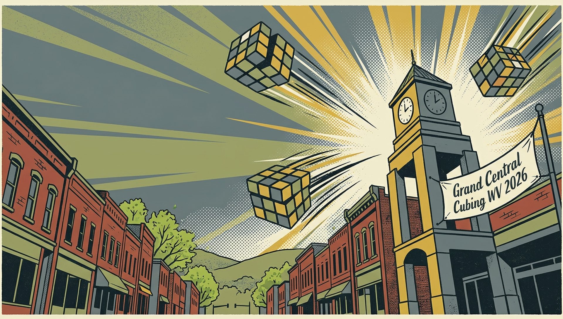 Grand Central Cubing WV 2026 movie-poster style artwork — Vienna, West Virginia, April 18, 2026