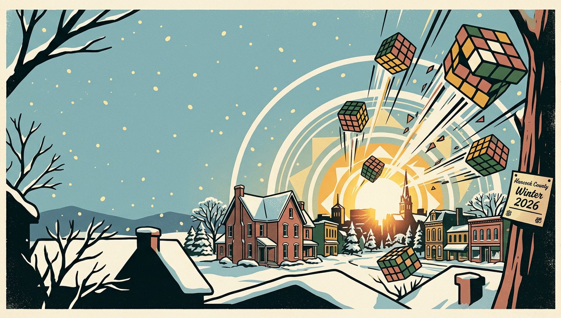 Hancock County Winter 2026 movie-poster style artwork — Greenfield, Indiana, January 24, 2026