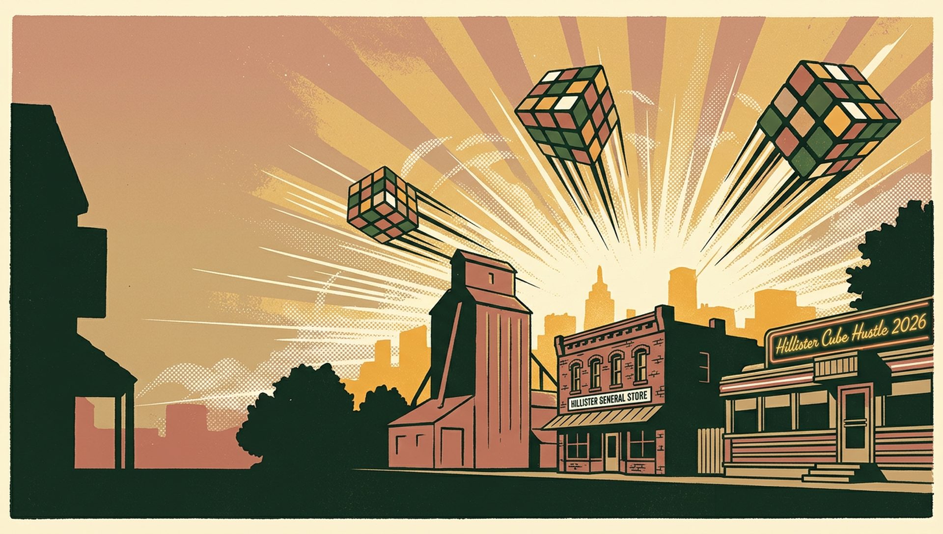 Hillister Cube Hustle 2026 movie-poster style artwork — Hillister, Texas, July 18, 2026