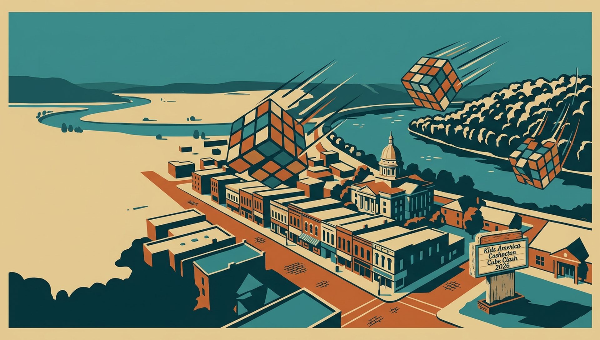 Kids America Coshocton Cube Clash 2026 movie-poster style artwork — Coshocton, Ohio, August 8, 2026