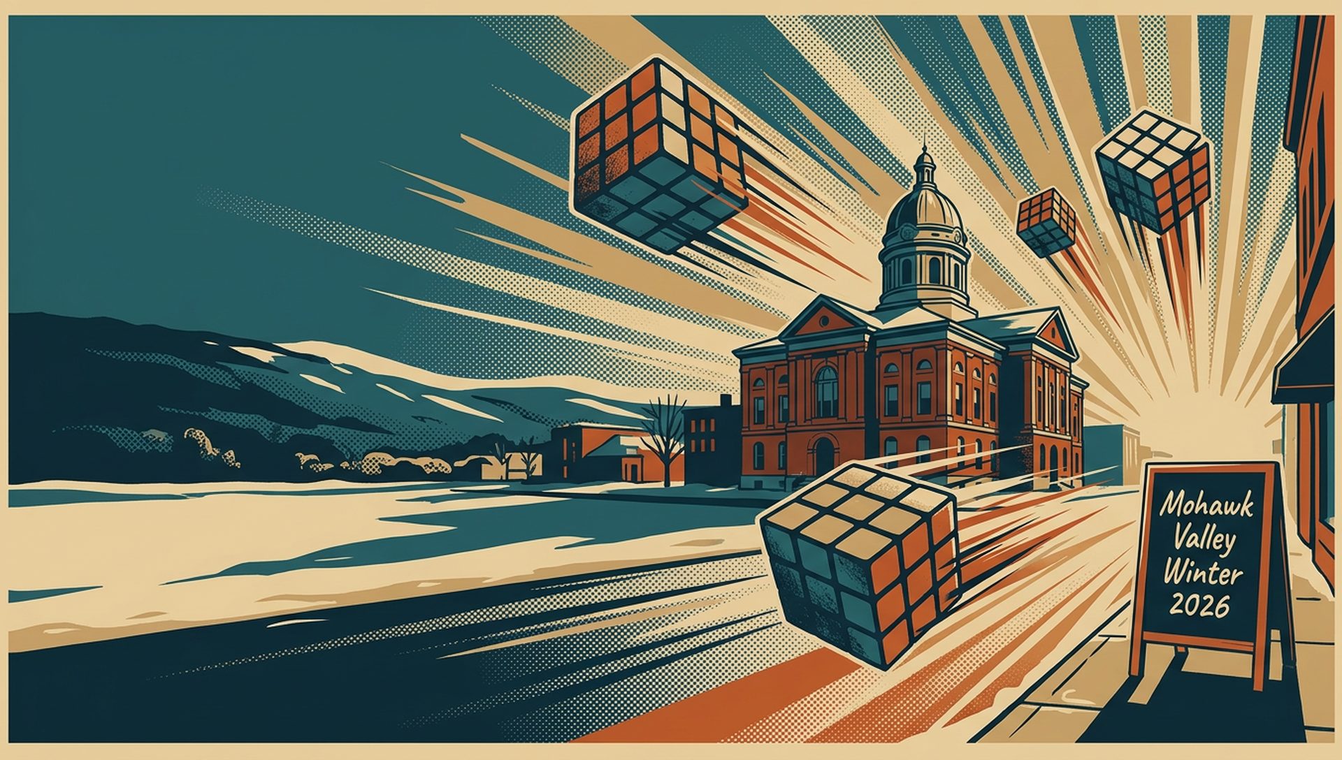 Mohawk Valley Winter 2026 movie-poster style artwork — Johnstown, New York, February 21, 2026