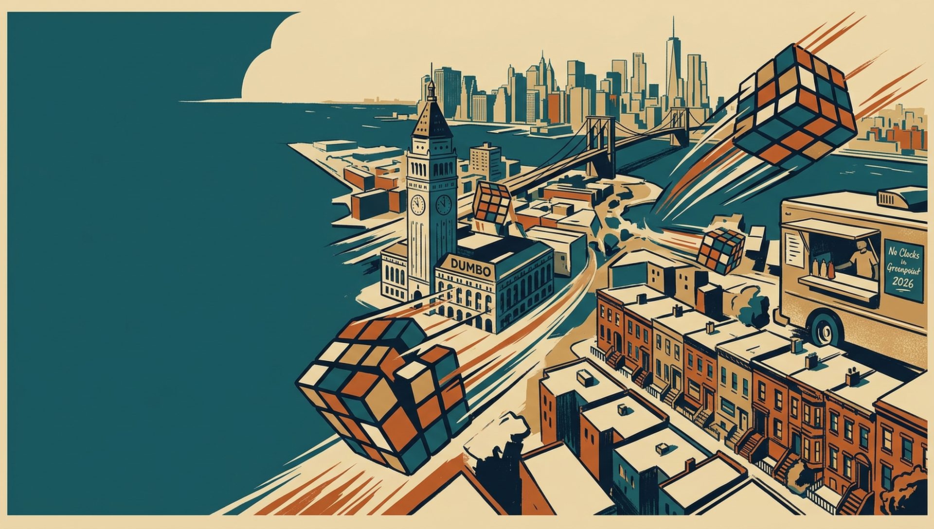 No Clocks in Greenpoint 2026 movie-poster style artwork — Brooklyn, New York, May 9, 2026