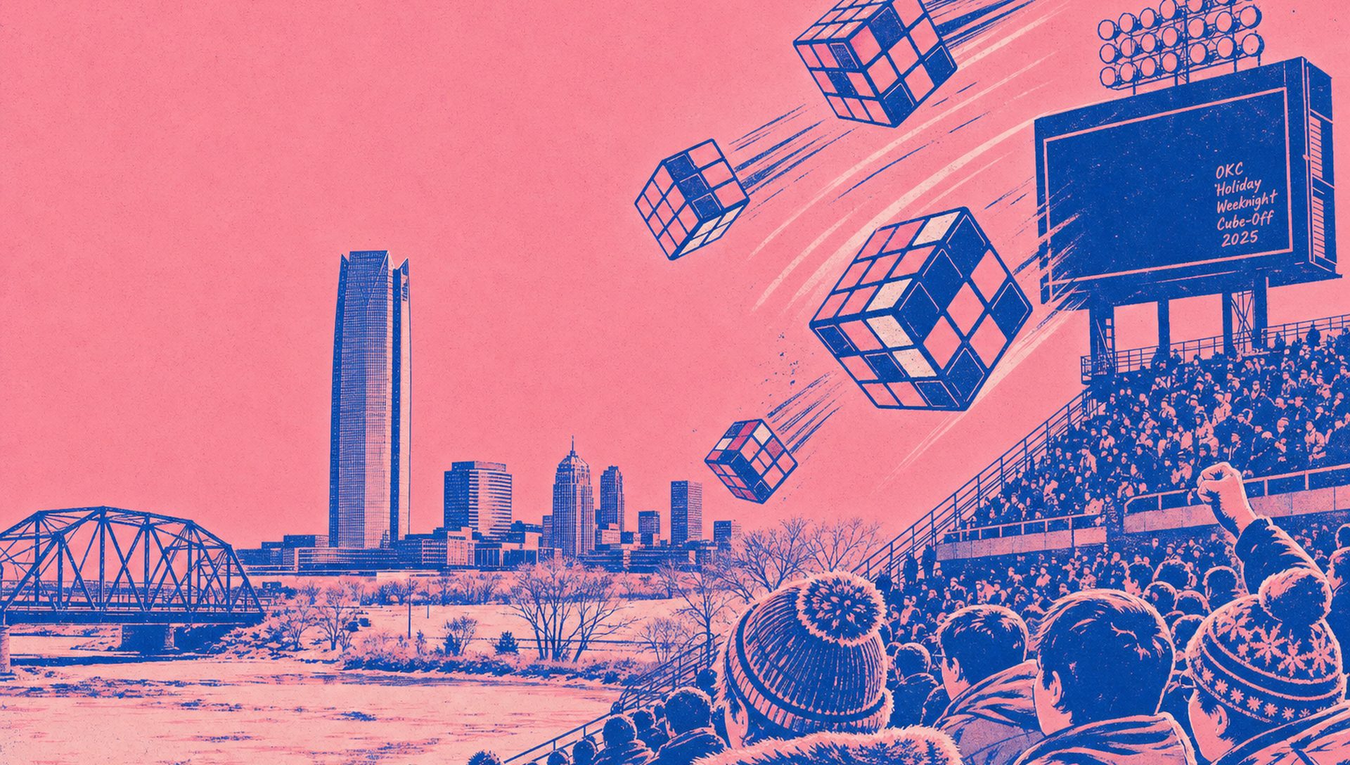 OKC Holiday Weeknight Cube-Off 2025 movie-poster style artwork — Oklahoma City, Oklahoma, December 22, 2025