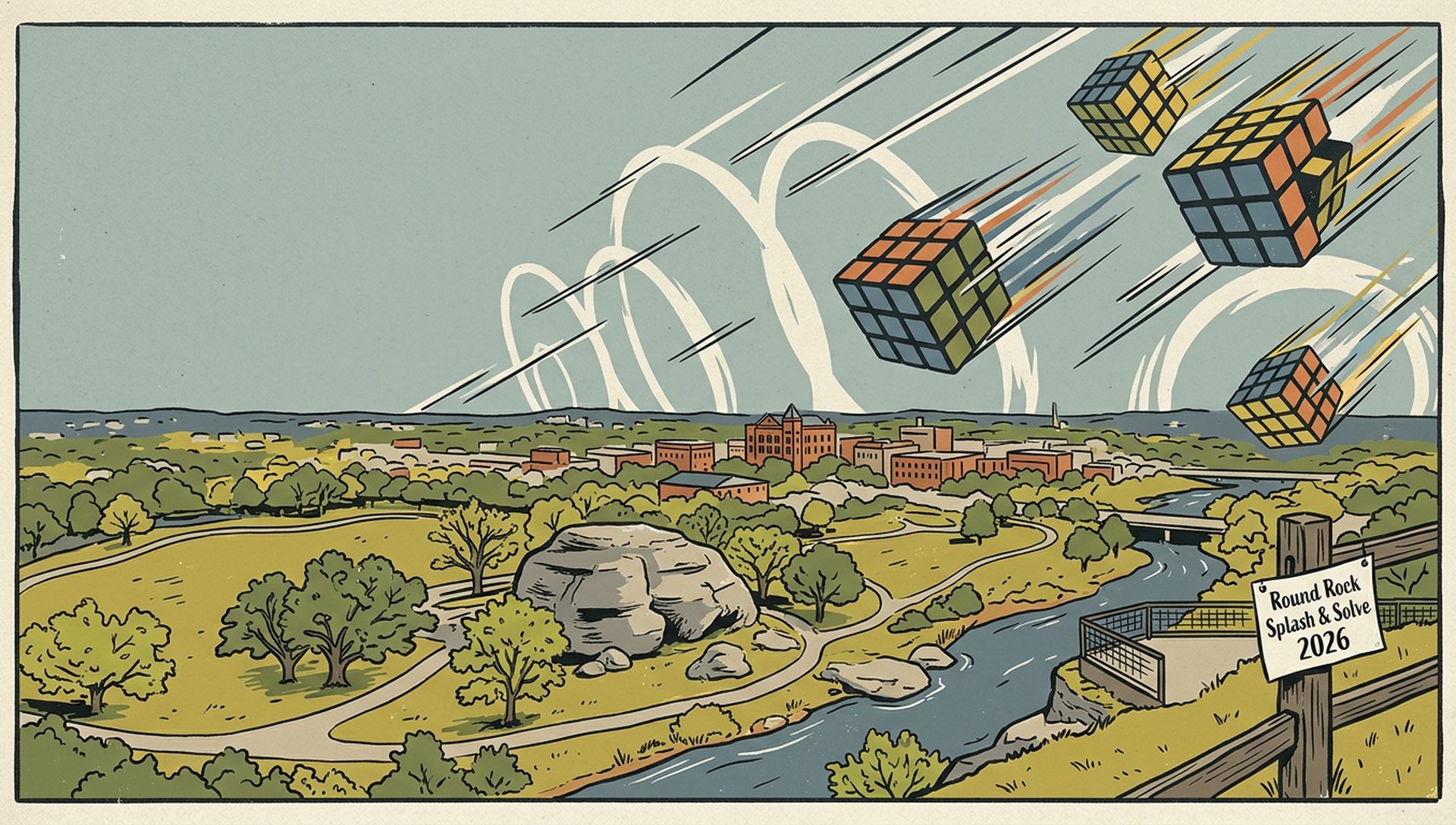 Round Rock Splash & Solve 2026 movie-poster style artwork — Round Rock, Texas, April 4, 2026