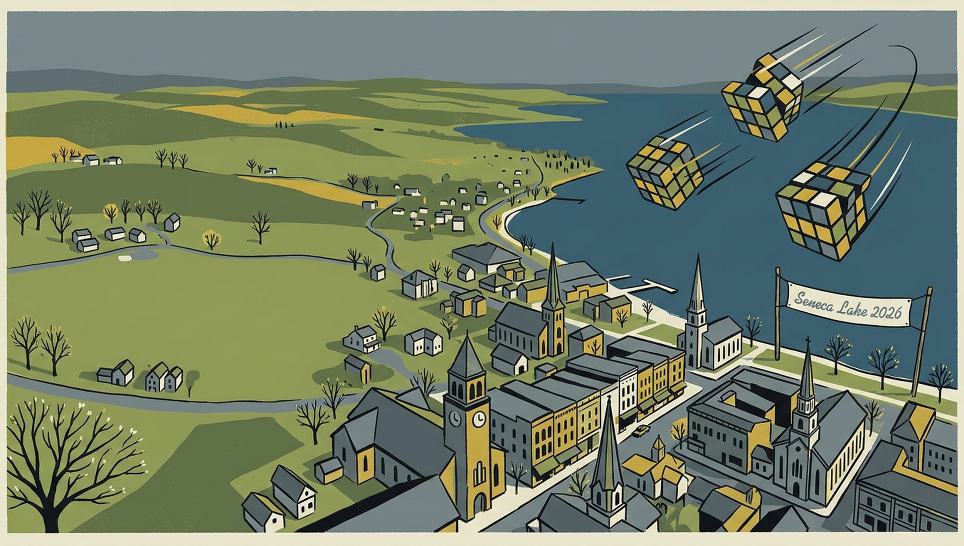 Seneca Lake 2026 movie-poster style artwork — Geneva, New York, April 25, 2026