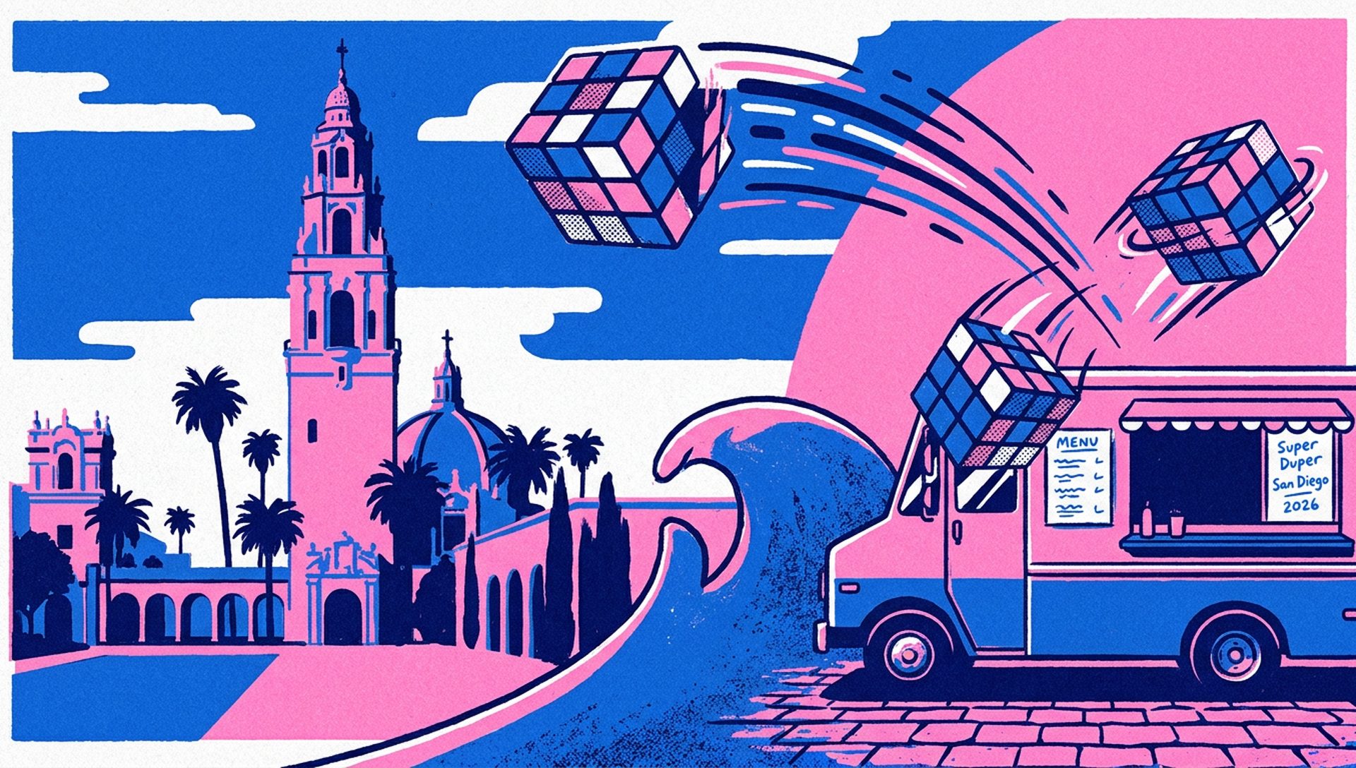 Super Duper San Diego 2026 movie-poster style artwork — San Diego, California, January 9, 2026