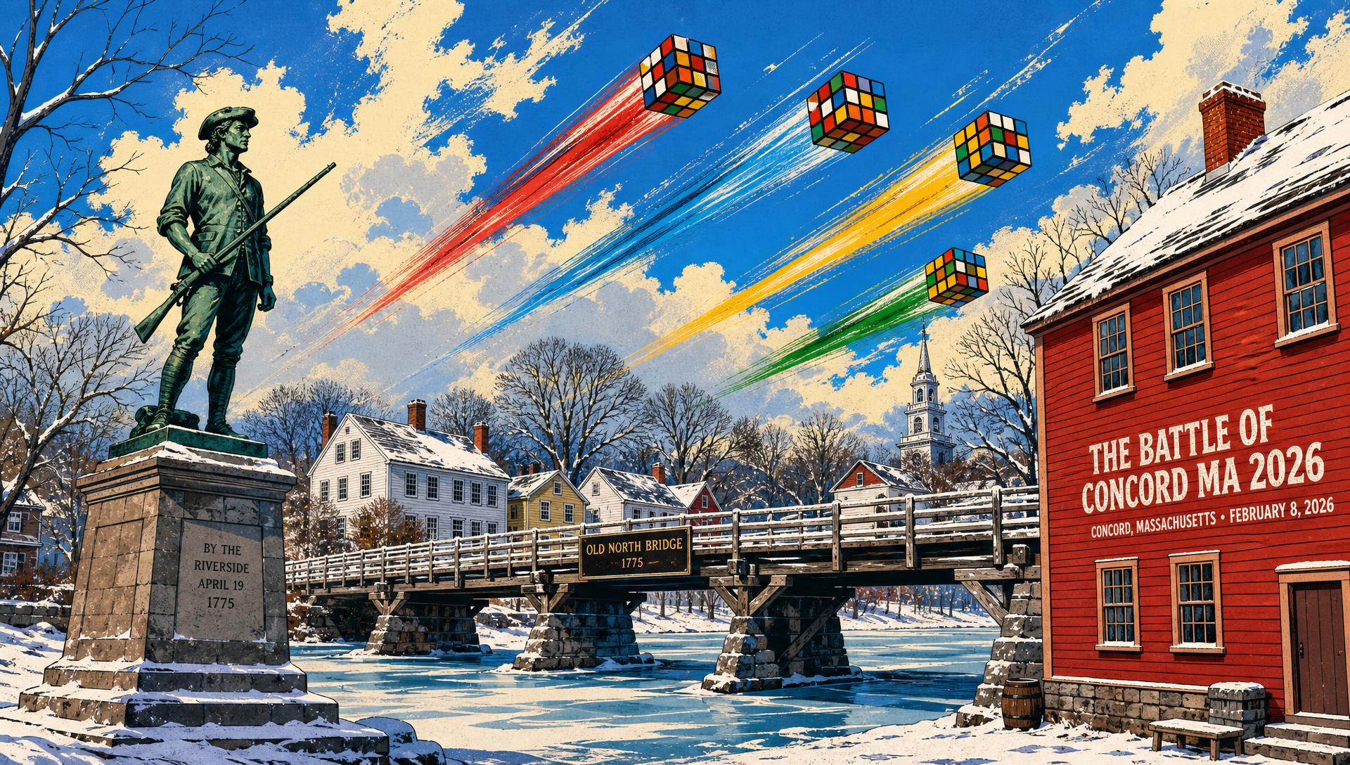 The Battle of Concord MA 2026 movie-poster style artwork — Concord, Massachusetts, February 8, 2026