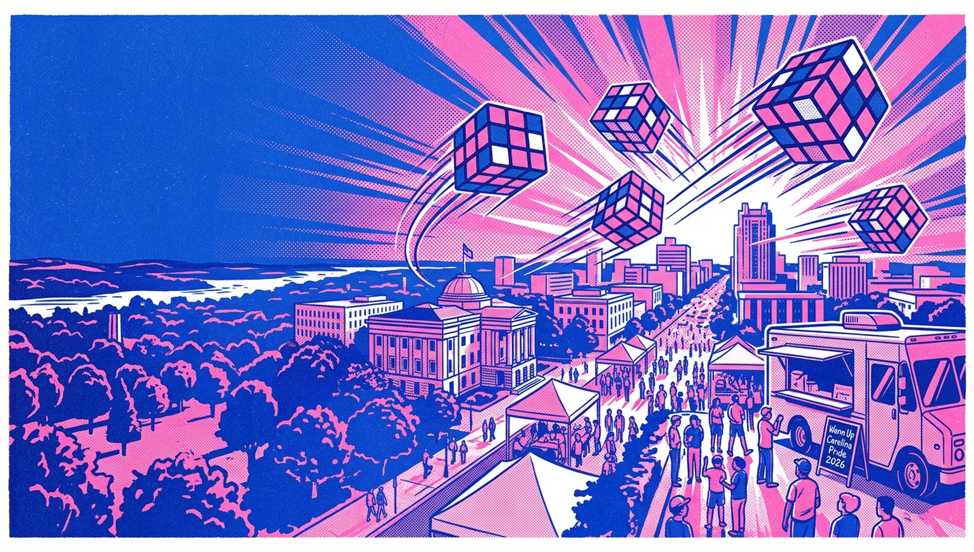 Warm Up Carolina Pride 2026 movie-poster style artwork — Raleigh, North Carolina, June 27, 2026